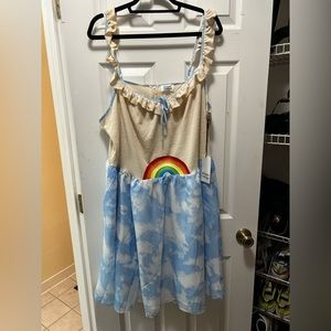 Unique Vintage Beige and Blue Cloud Mini Dress